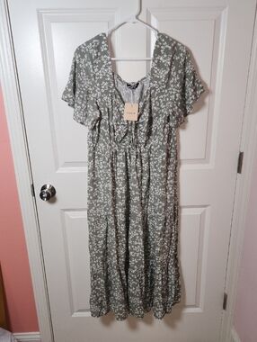 BloomChic Olive Green Dress with White Floral Ditsy Print